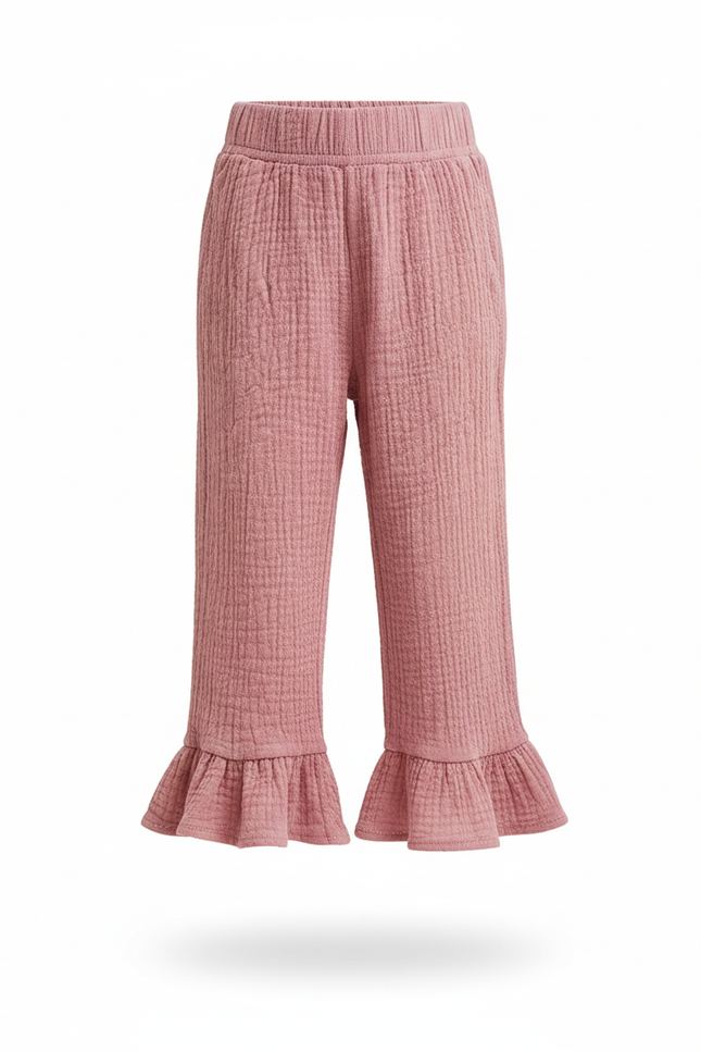 Pantalon En Lin Rose Plissé Volants Ample Fille - vue 3