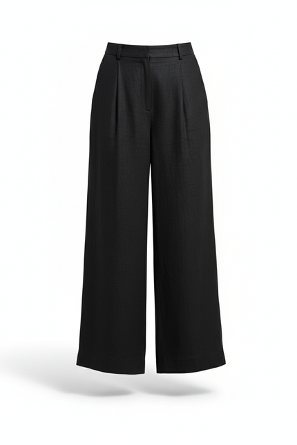 Pantalon En Lin Noir Ample Plissé Taille Haute Fluide - vue 3