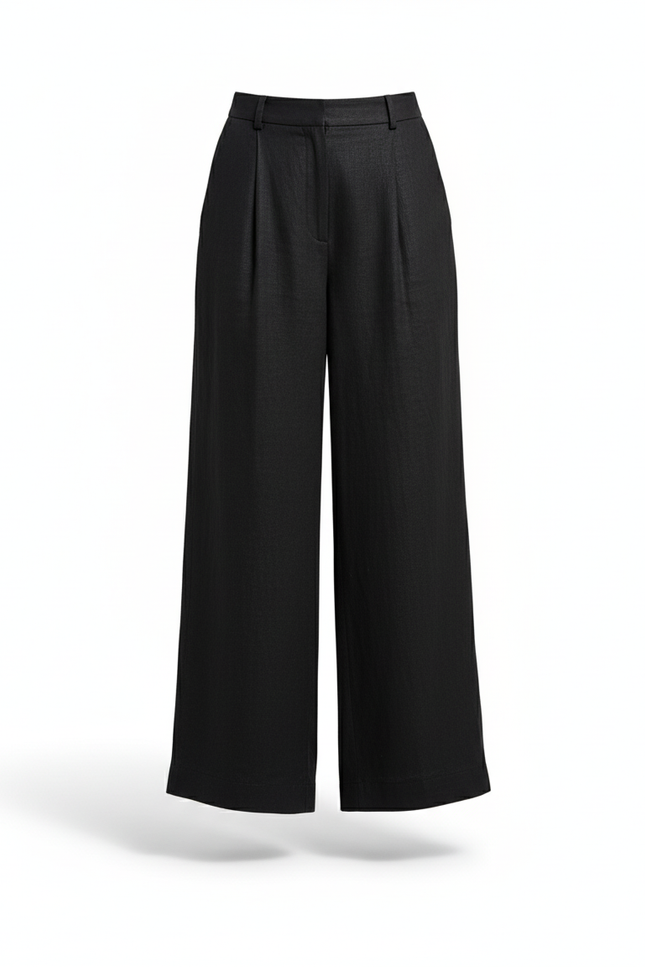Pantalon En Lin Noir Ample Plissé Taille Haute Fluide - vue 3