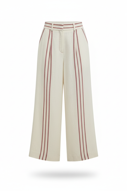 Pantalon En Lin Écru Rayures Rouges Ample Femme - Beige - vue 3