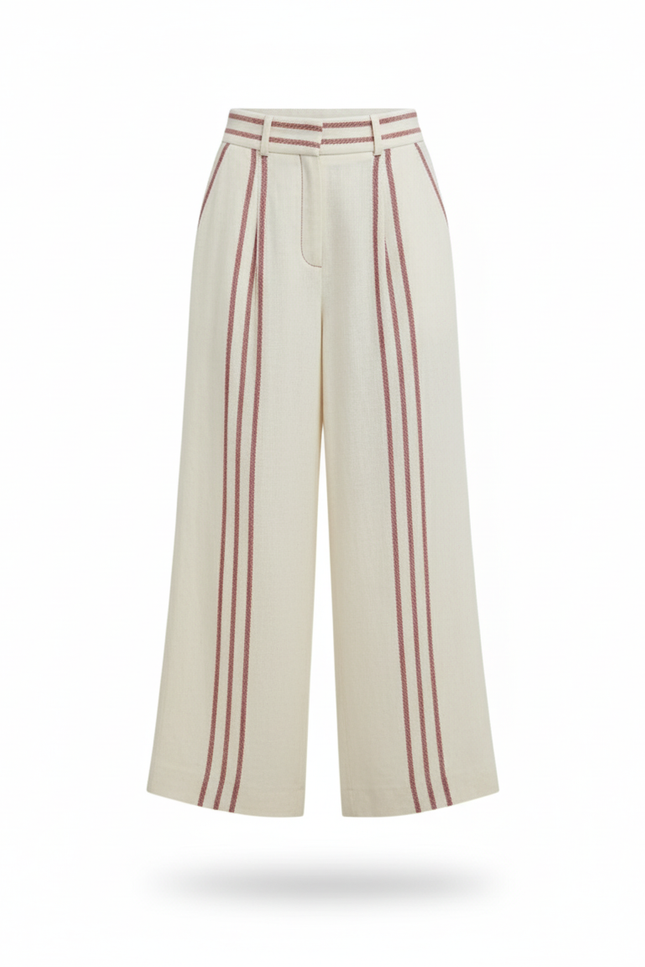 Pantalon En Lin Écru Rayures Rouges Ample Femme - Beige - vue 3