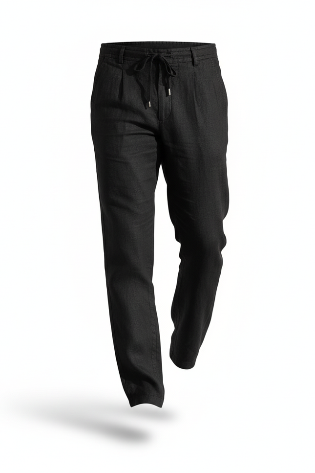 Pantalon En Lin Noir Ample Cordon Décontracté Homme - vue 3