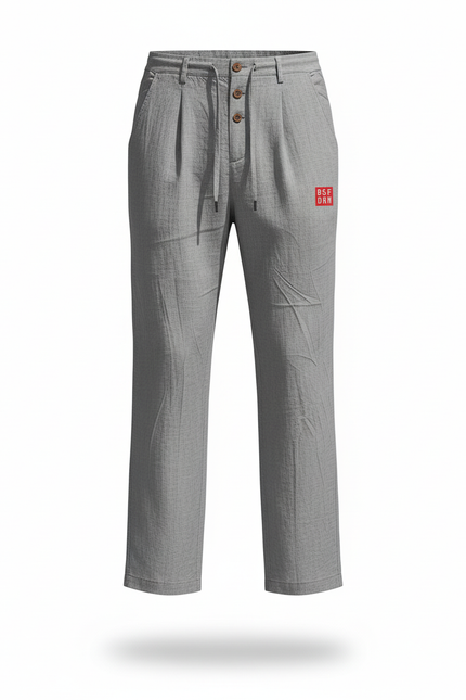 Pantalon En Lin Gris Droit Boutons Confortable Décontracté Respirant - vue 3