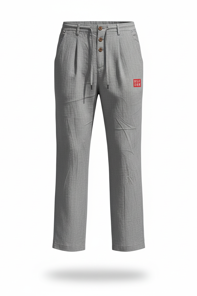 Pantalon En Lin Gris Droit Boutons Confortable Décontracté Respirant - vue 3