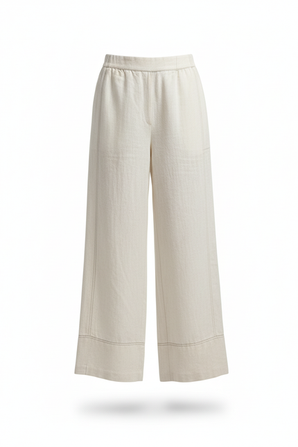 Pantalon En Lin Ample Écru Taille Haute Fluide - Blanc - vue 3