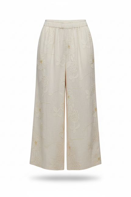 Pantalon En Lin Écru Brodé Ample Fluide Décontracté - Beige - vue 3