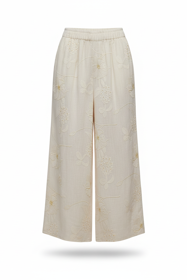 Pantalon En Lin Écru Brodé Ample Fluide Décontracté - Beige - vue 3