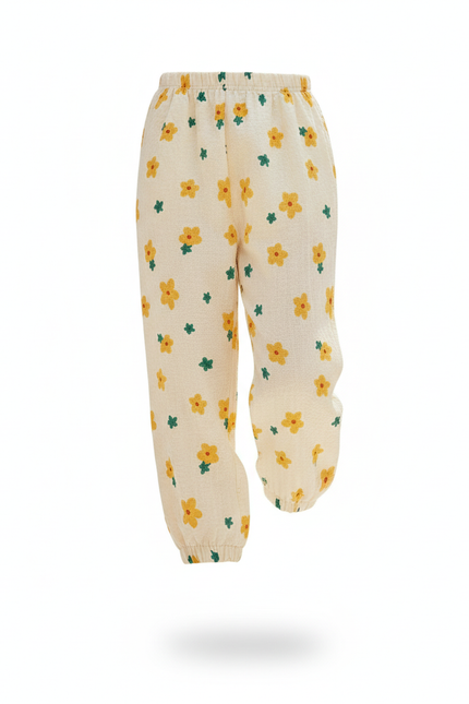 Pantalon En Lin Écru Fleuri Ample Fille - Beige - vue 3