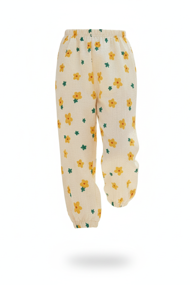Pantalon En Lin Écru Fleuri Ample Fille - Beige - vue 3