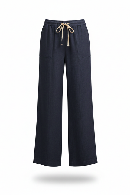 Pantalon En Lin Ample Droit Cordon Bleu Marine - vue 3