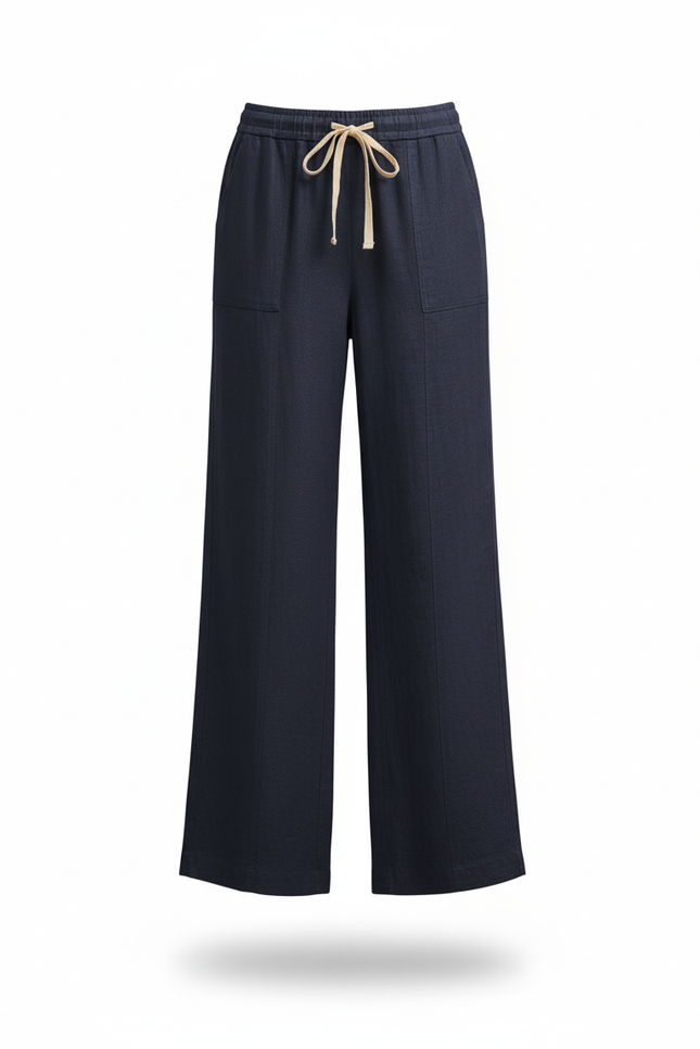 Pantalon En Lin Ample Droit Cordon Bleu Marine - vue 3