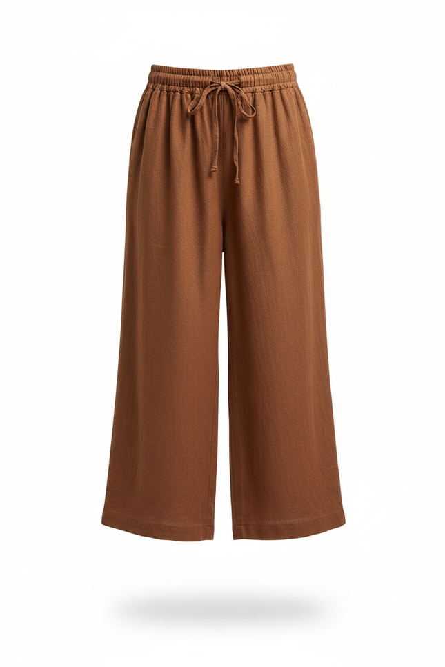Pantalon En Lin Marron Ample Fluide Taille Élastique - vue 3