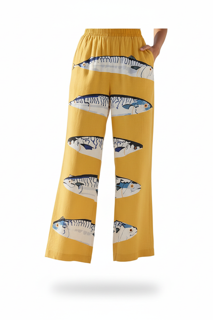 Pantalon En Lin Jaune Ample Imprimé Poissons Sardines - vue 3