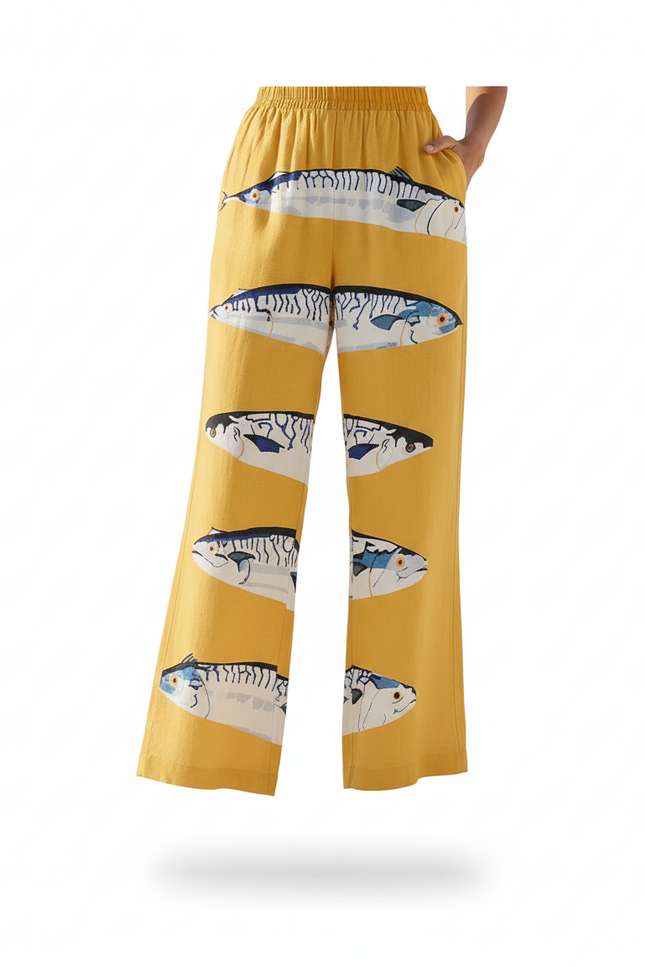 Pantalon En Lin Jaune Ample Imprimé Poissons Sardines - vue 3