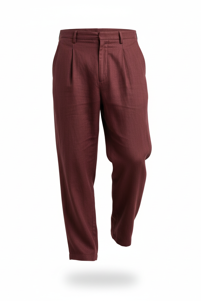 Pantalon En Lin Bordeaux Plissé Ample Décontracté Homme - vue 3