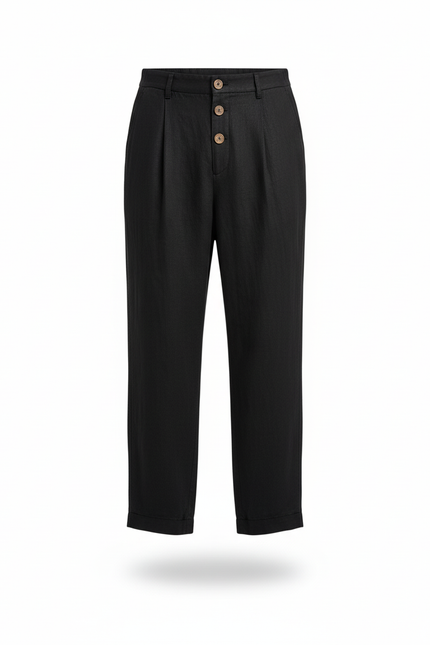Pantalon En Lin Noir Ample Décontracté Cordon Léger - vue 3