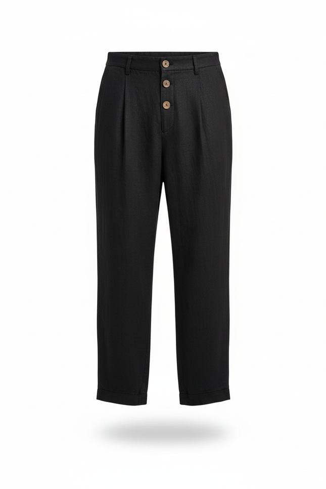 Pantalon En Lin Noir Ample Décontracté Cordon Léger - vue 3