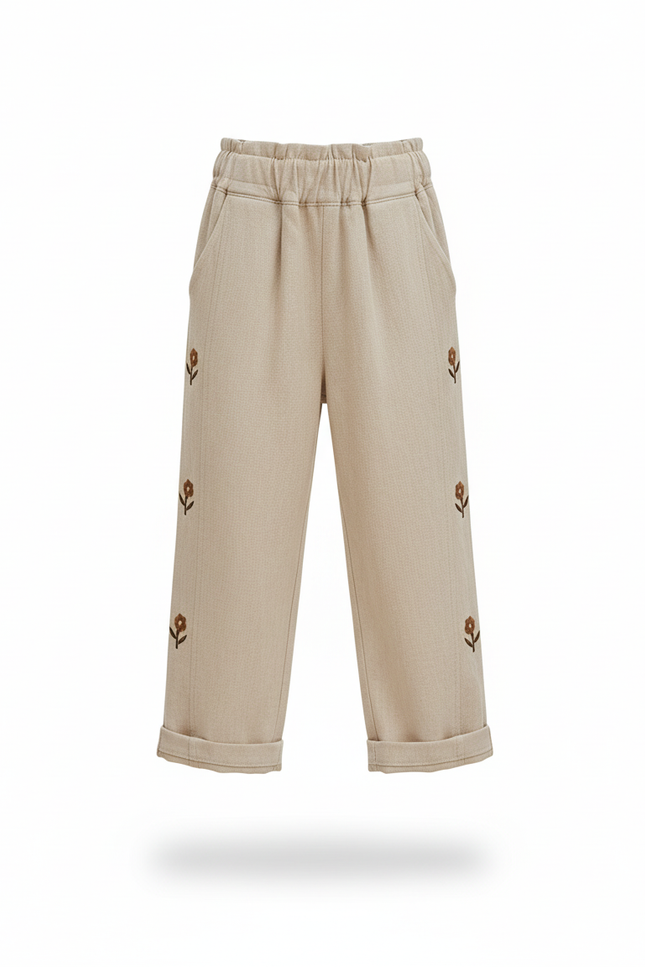 Pantalon En Lin Beige Brodé Fleurs Ample Fille - vue 3