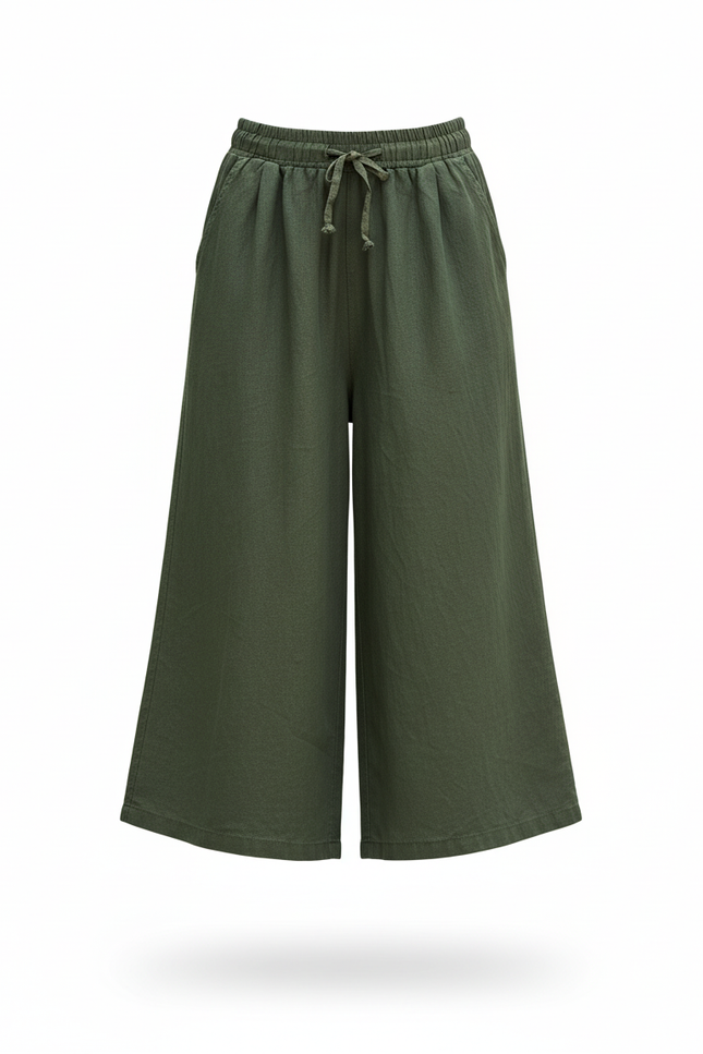 Pantalon En Lin Vert Ample Cordon Fille Décontracté - vue 3