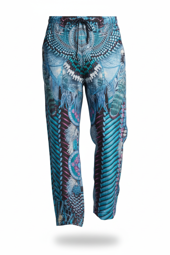 Pantalon En Lin Imprimé Bleu Ample Décontracté Homme - vue 3