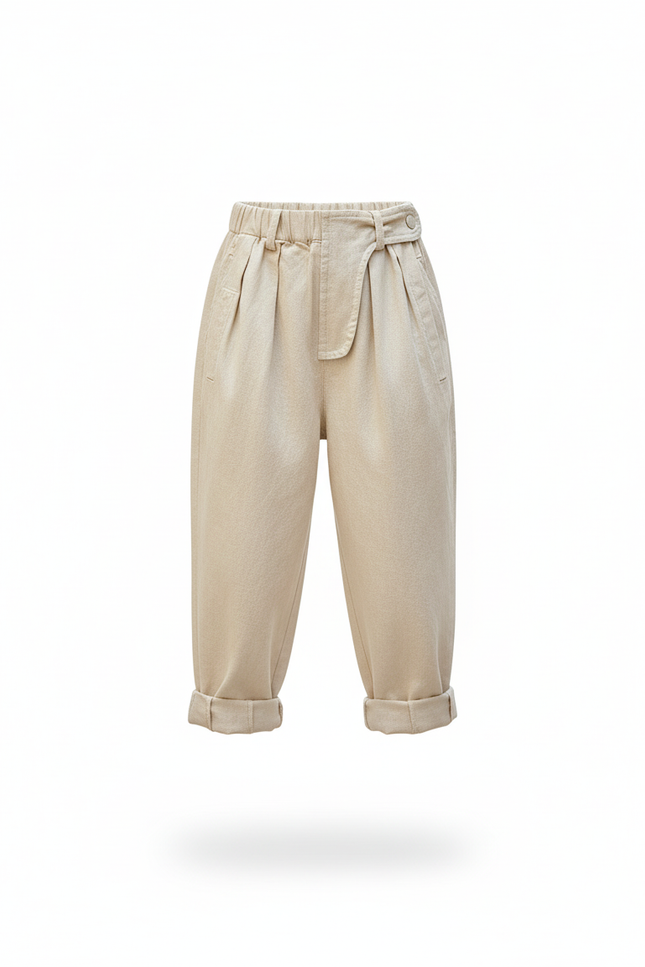 Pantalon En Lin Beige Ample Taille Haute Fille - vue 3
