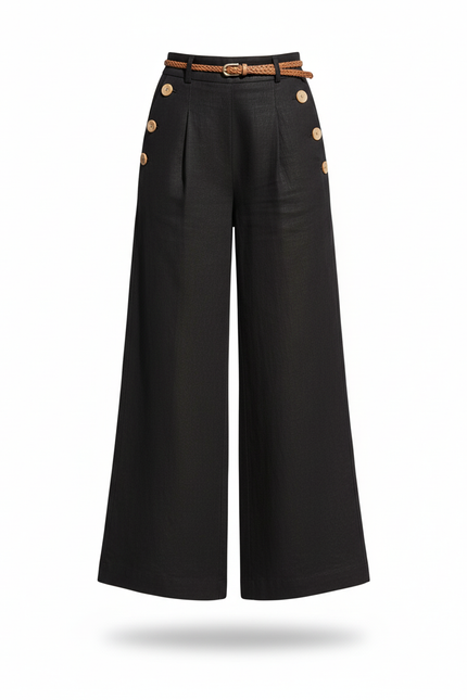 Pantalon En Lin Noir Ample Boutons Décontracté Fluide - vue 3