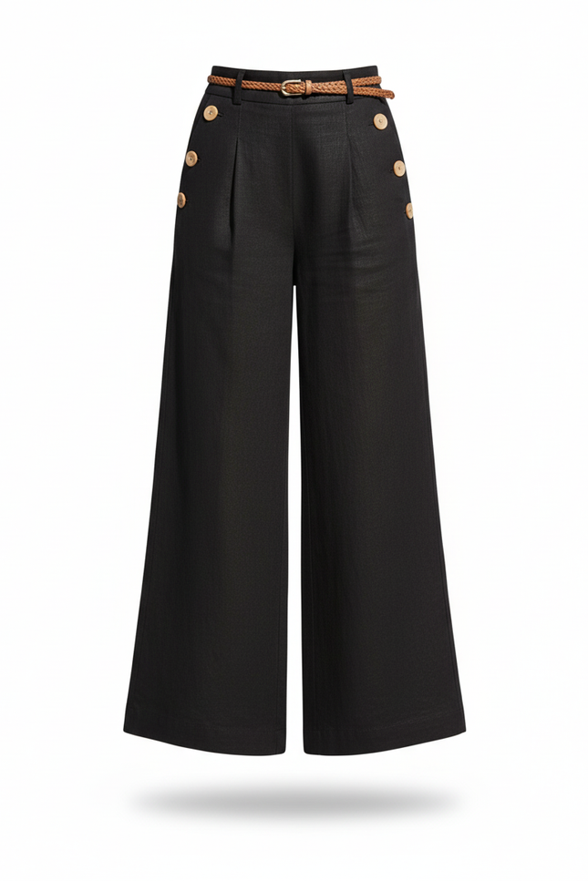 Pantalon En Lin Noir Ample Boutons Décontracté Fluide - vue 3