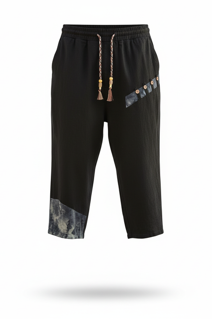 Pantalon En Lin Noir Harem Patchwork Cordon Décontracté Homme - vue 3