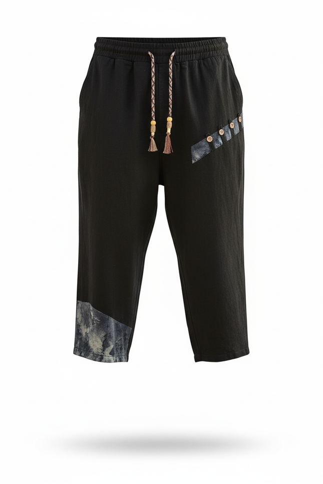 Pantalon En Lin Noir Harem Patchwork Cordon Décontracté Homme - vue 3