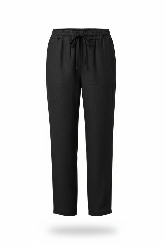 Pantalon En Lin Noir Ample Cordon Fluide Décontracté - vue 3