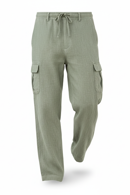 Pantalon En Lin Vert Cargo Droit Ample Décontracté Homme - vue 3