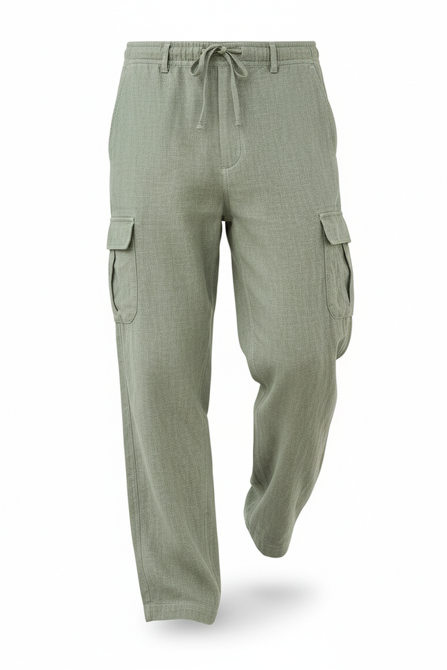 Pantalon En Lin Vert Cargo Droit Ample Décontracté Homme - vue 3