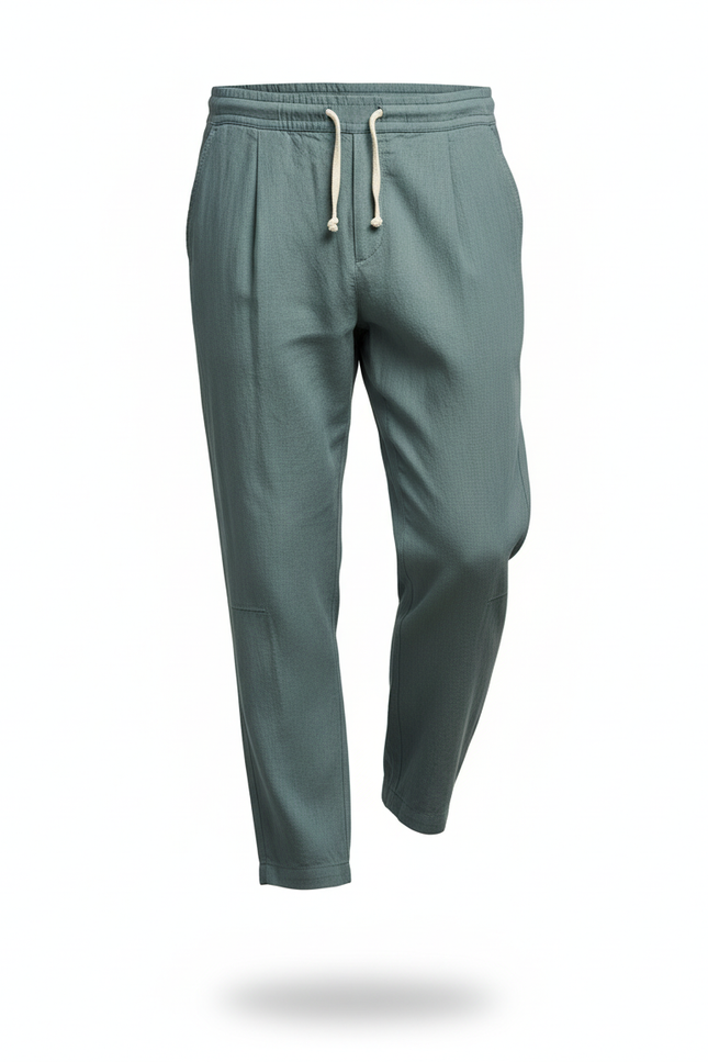 Pantalon En Lin Vert Ample Décontracté Cordon Homme - vue 3