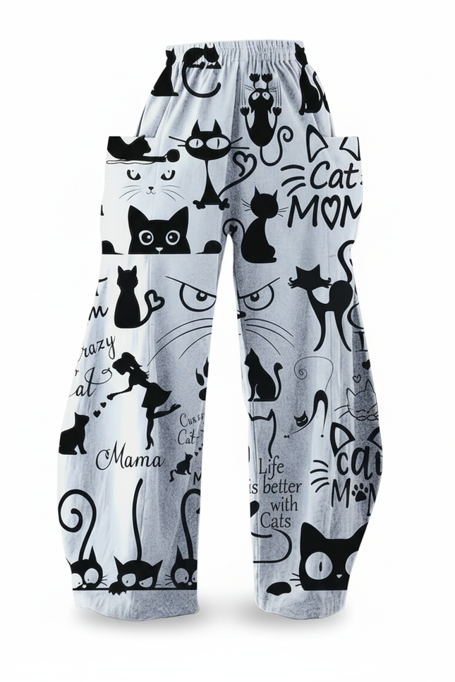 Pantalon En Lin Blanc Imprimé Chats Ample Décontracté - vue 3