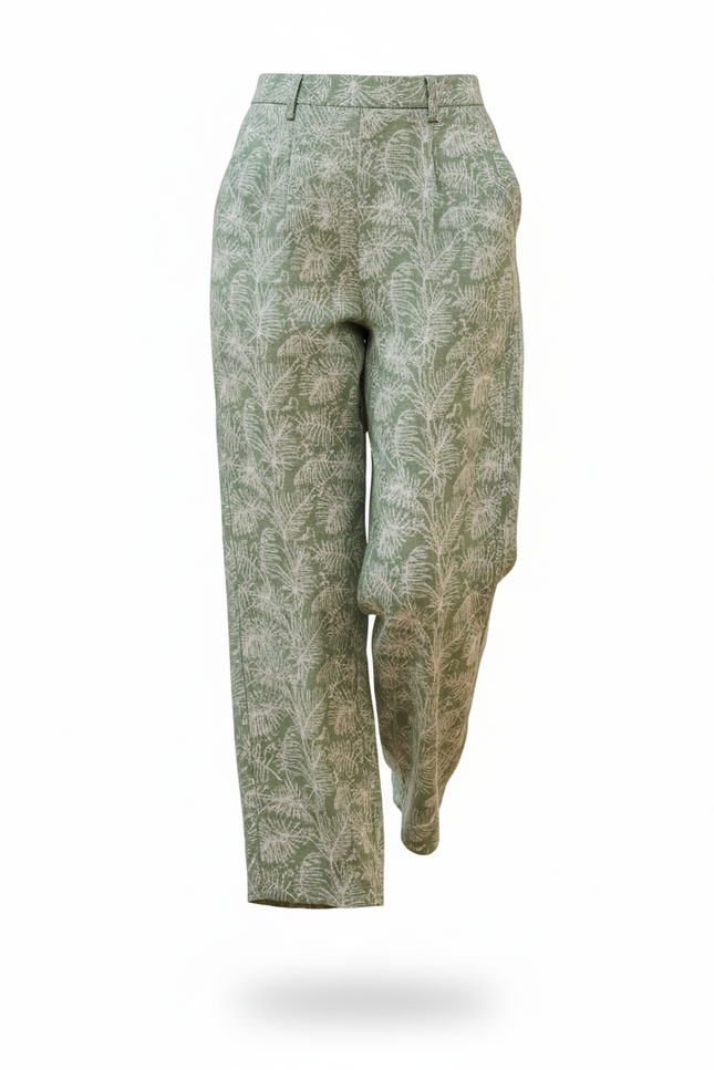 Pantalon En Lin Vert Ample Imprimé Tropical Fluide - vue 3