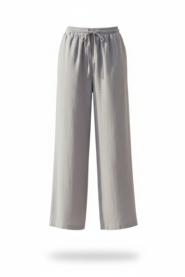 Pantalon En Lin Gris Fluide Décontracté Taille Haute - vue 3