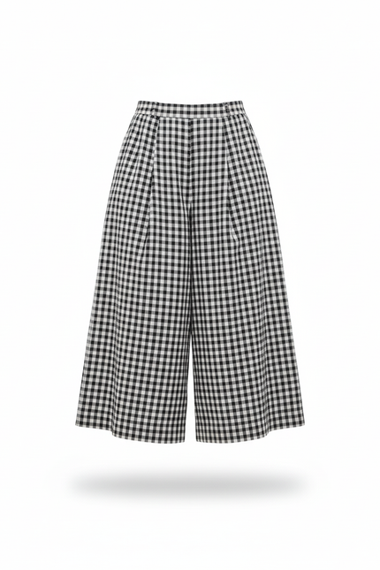 Pantalon En Lin Carreaux Vichy Ample Taille Haute Femme - Imprimé - vue 3