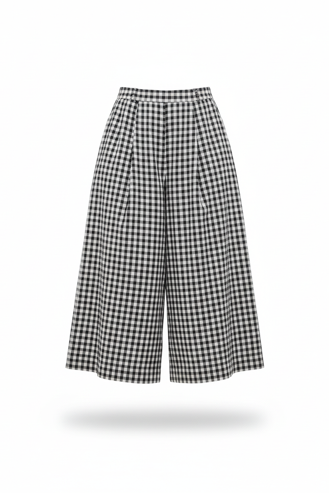 Pantalon En Lin Carreaux Vichy Ample Taille Haute Femme - Imprimé - vue 3