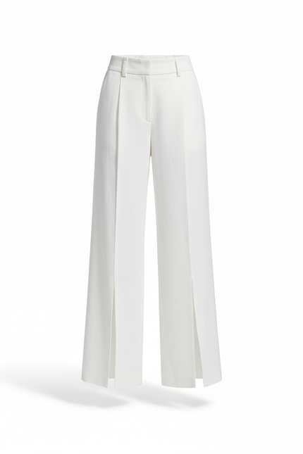 Pantalon En Lin Blanc Taille Haute Ample Fendu Élégant - vue 3