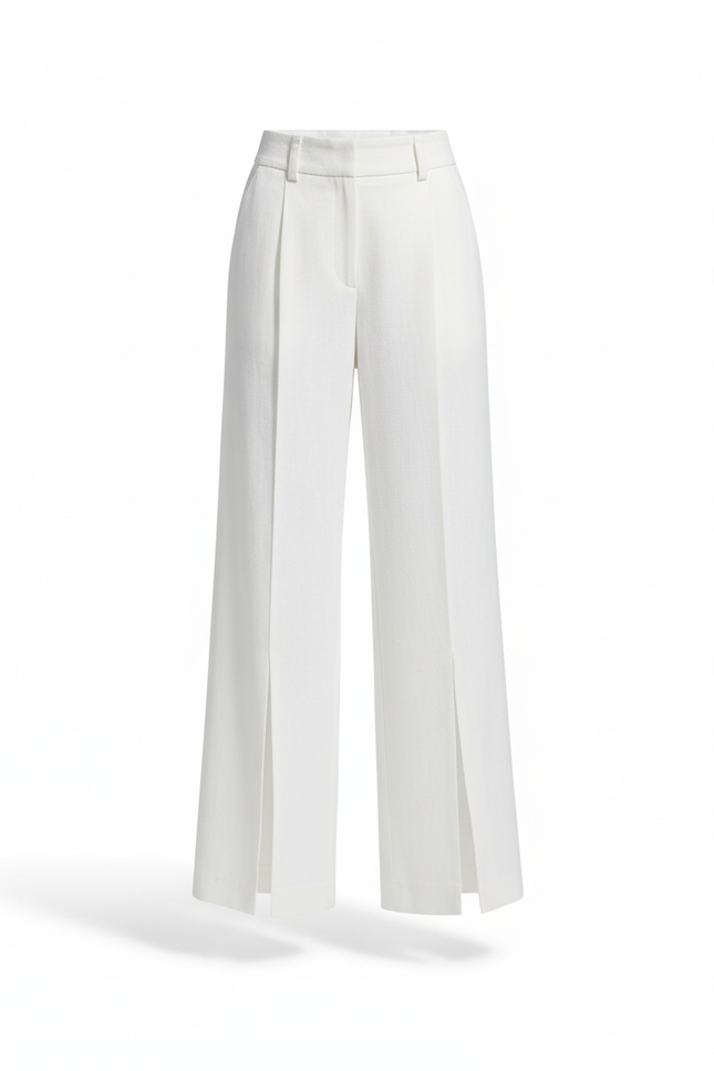 Pantalon En Lin Blanc Taille Haute Ample Fendu Élégant - vue 3