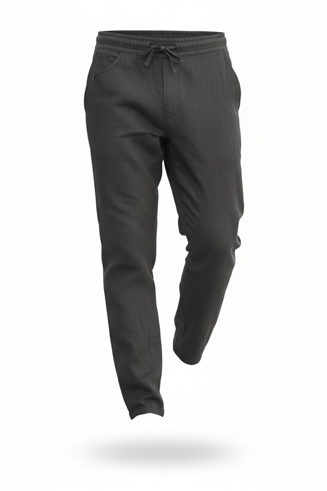 Pantalon En Lin Homme Gris Décontracté Droit Cordon Léger - vue 3