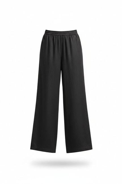 Pantalon En Lin Noir Ample Élastiqué Fluide Chic - vue 3