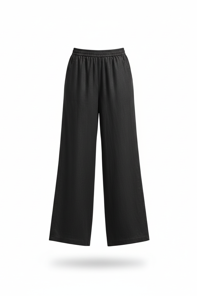 Pantalon En Lin Noir Ample Élastiqué Fluide Chic - vue 3