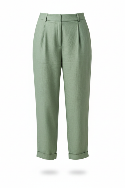 Pantalon En Lin Vert Ample Plissé Femme - vue 3