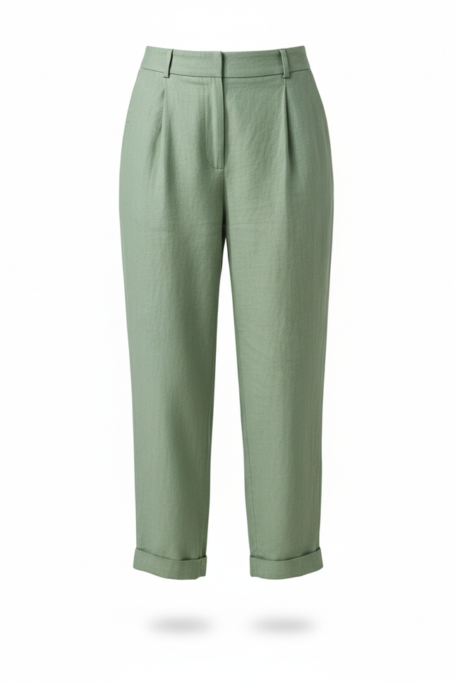 Pantalon En Lin Vert Ample Plissé Femme - vue 3