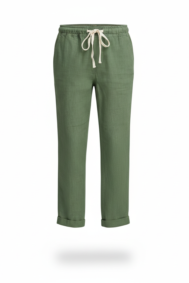 Pantalon En Lin Vert Militaire Ample Cordon Décontracté Enfant - Kaki - vue 3