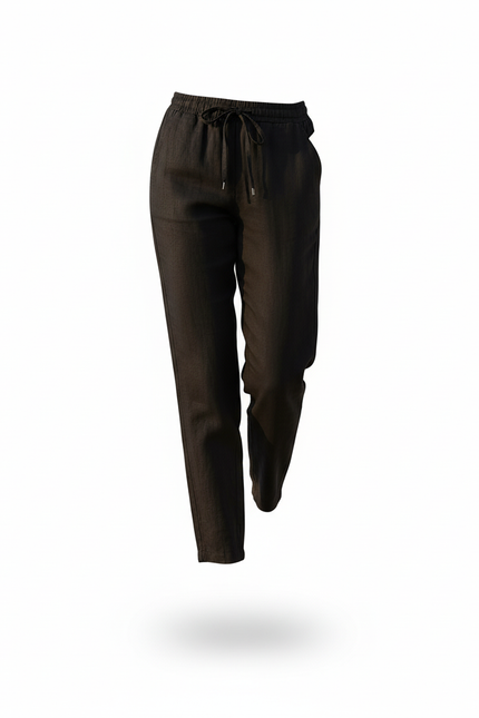 Pantalon En Lin Noir Ample Cordon Décontracté - vue 3