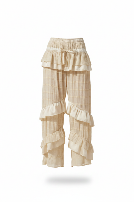 Pantalon En Lin Écru Volants Ample Bohème Femme - Beige - vue 3