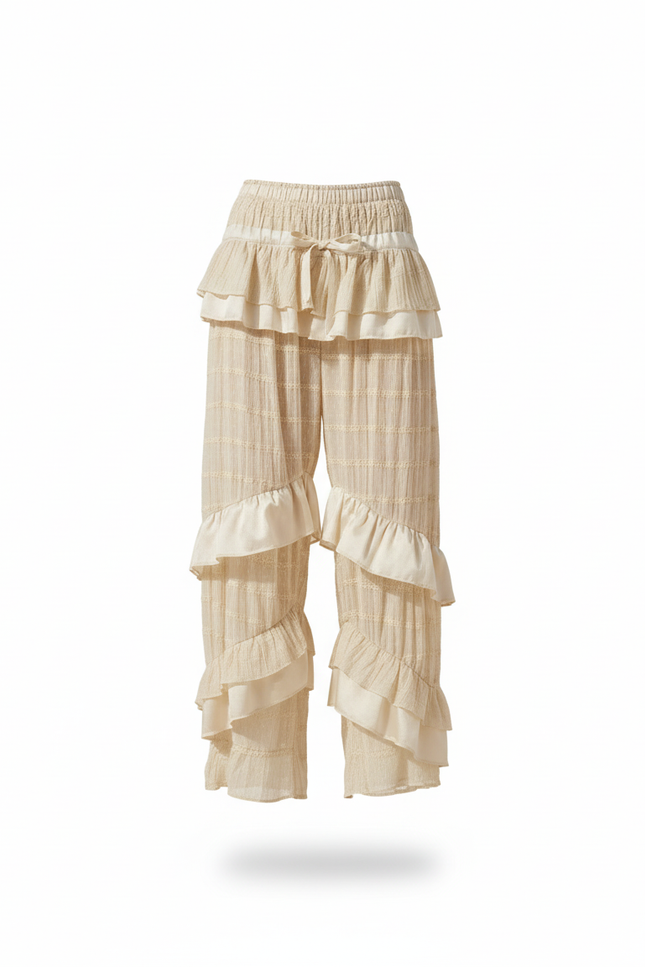 Pantalon En Lin Écru Volants Ample Bohème Femme - Beige - vue 3