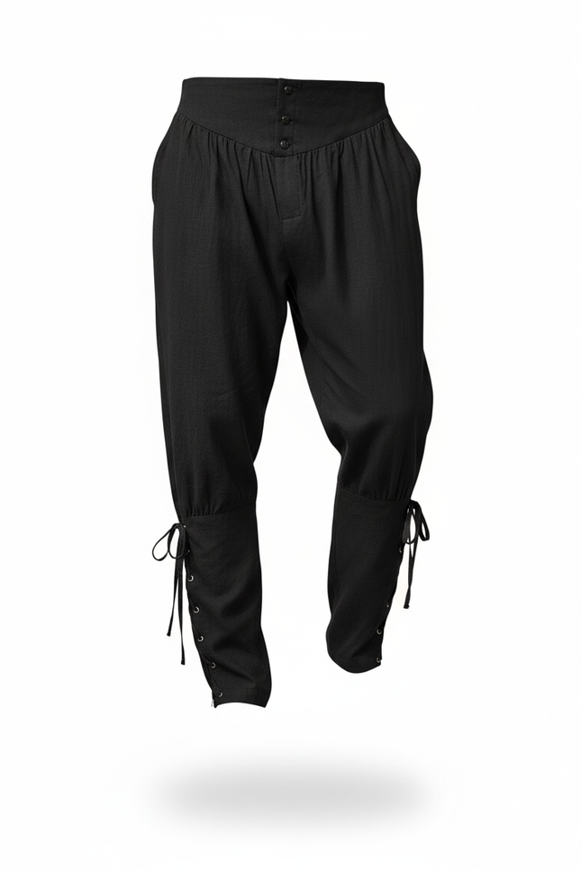 Pantalon En Lin Noir Ample Lacets Médiéval Homme - vue 3